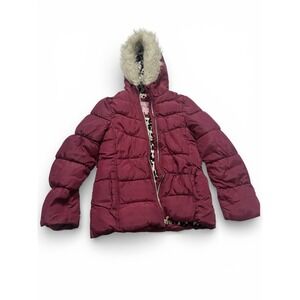 Juicy Couture Girls Puffer Jacket Leopard Lined Faux Fur Hood Burgundy 10/12